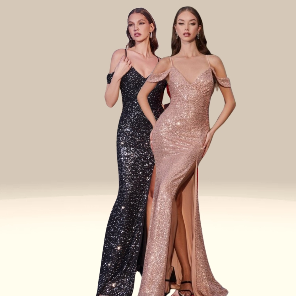 Draped shoulder sequin fitted dress